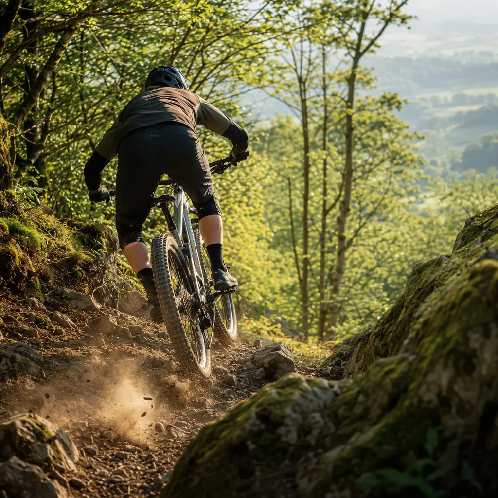 Short-travel full-suspension trail bike descending a sunlit woodland trail